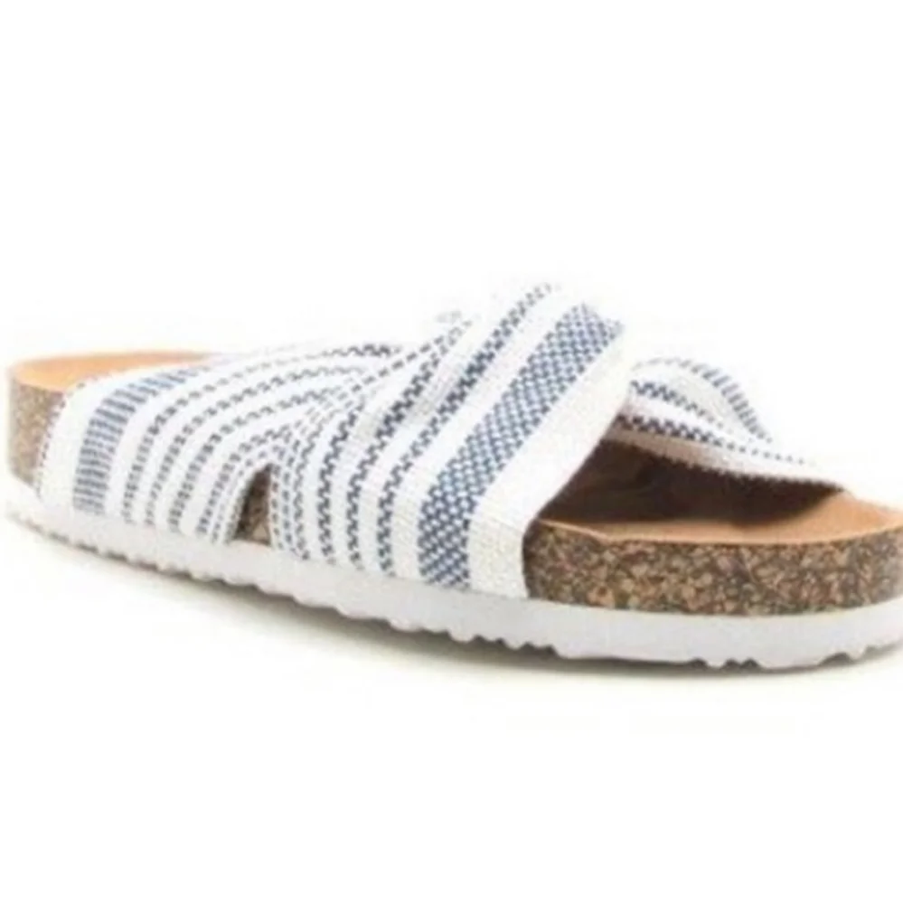 Qupid navy and white striped fabric Luka slides size 6